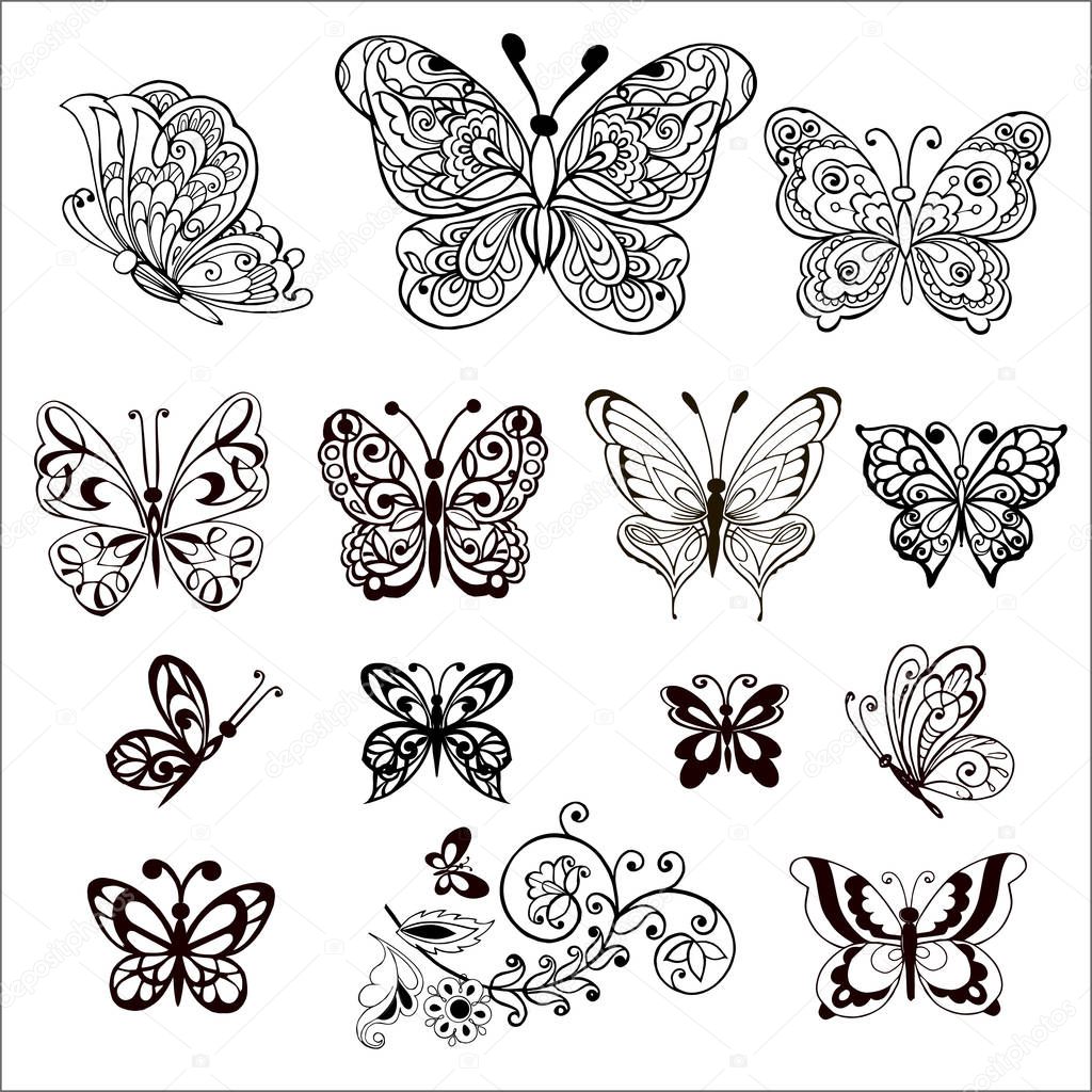 Hand drawn flowers and butterflies for the anti stress coloring page. Large Set of vector decorative butterflies.