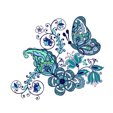Paisley ve kelebekler ile fantastik çiçeklerle süslü süsleme. Vektör çizim.
