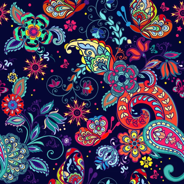 Färgglada sömlösa mönster med fjärilar och dekorativa element. Paisley. Indisk stil. Dekorativ prydnad för tyger, textil, omslagspapper. — Stock vektor