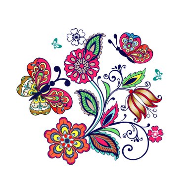 Paisley ve butterflie ile fantastik çiçeklerle süslü süsleme. Nakış renkli eğilim çiçek desenli.