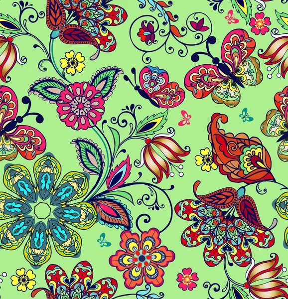 Patrón sin costura colorido verano con mariposas. Adorno con fantásticas flores con mariposas. Papel pintado floral. Adorno decorativo para tela, textil, papel de regalo . — Vector de stock