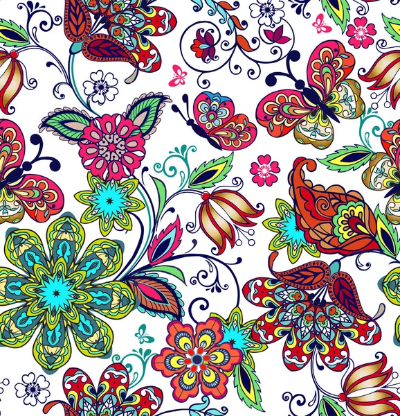 Verão padrão sem costura colorido com borboletas. Ornamento com flores fantásticas com borboletas. Papel de parede floral. Ornamento decorativo para tecido, têxtil, papel de embrulho . — Vetor de Stock