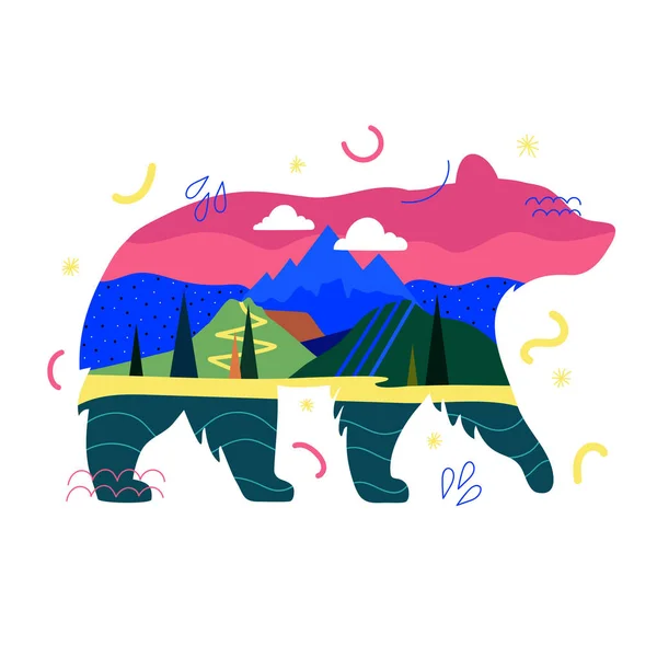 Векторная иллюстрация с абстрактным медвежьим силуэтом, горная местность — стоковый вектор