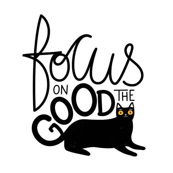 Illustration vectorielle avec gros yeux jaunes chat noir et lettrage — Image vectorielle