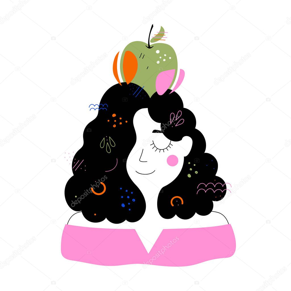 Vector illustration with black hair young woman with abstract ap