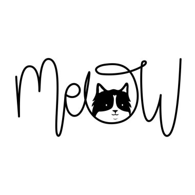 Kedi başlı vektör illüstrasyonu ve kaligrafi kelimesi Miyav.