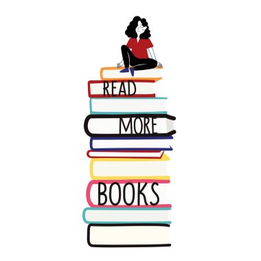 Renkli kitapların üzerinde oturan bir kızla vektör illüstrasyonu