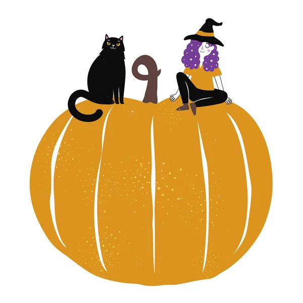 Ilustração vetorial com gato preto e menina de chapéu de bruxa sentado — Vetor de Stock