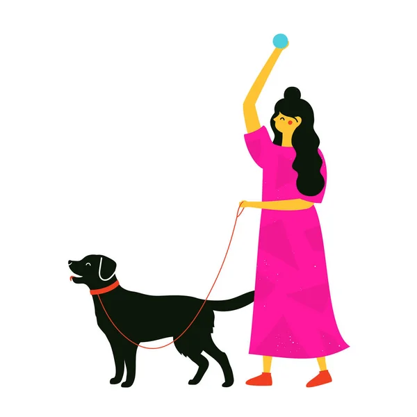 Vektor illustration med ung kvinna i rosa klänning leka med — Stock vektor