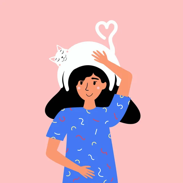 Vektor-Illustration mit junger Frau und schlafender weißer Katze auf h — Stockvektor