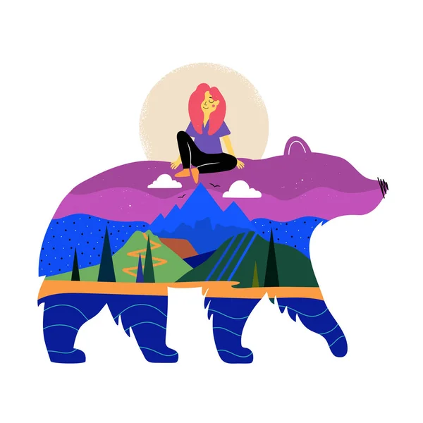 Wektor Ilustracja z różowy włosy dziewczyna jazda na niedźwiedź sylwetka — Wektor stockowy