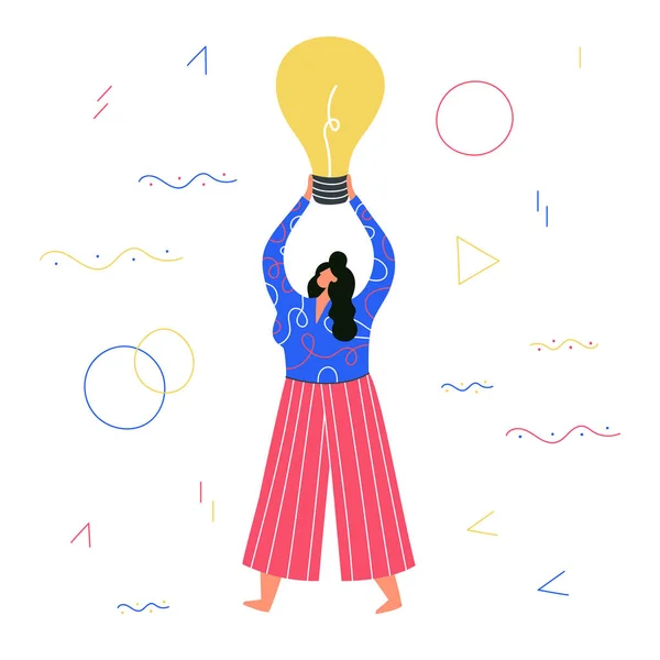 Vektor illustration med kvinna och gul idé glödlampa tecken. — Stock vektor