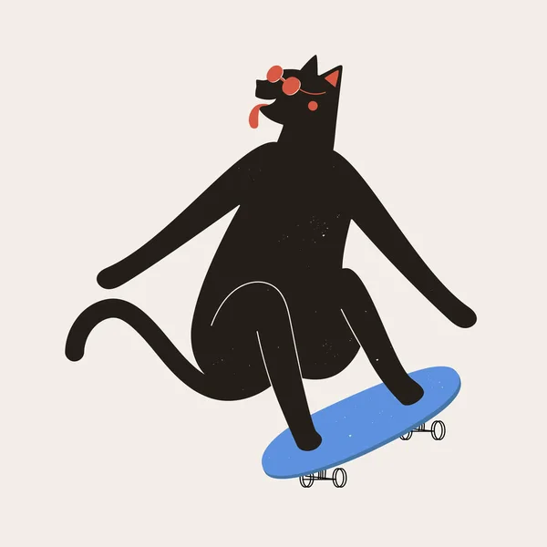 Skateboarder chat noir en lunettes de soleil rouges monter un longboard bleu . — Image vectorielle