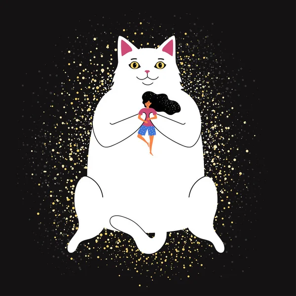 巨大な脂肪の白い猫、黄色の星と再とベクトルイラスト — ストックベクタ
