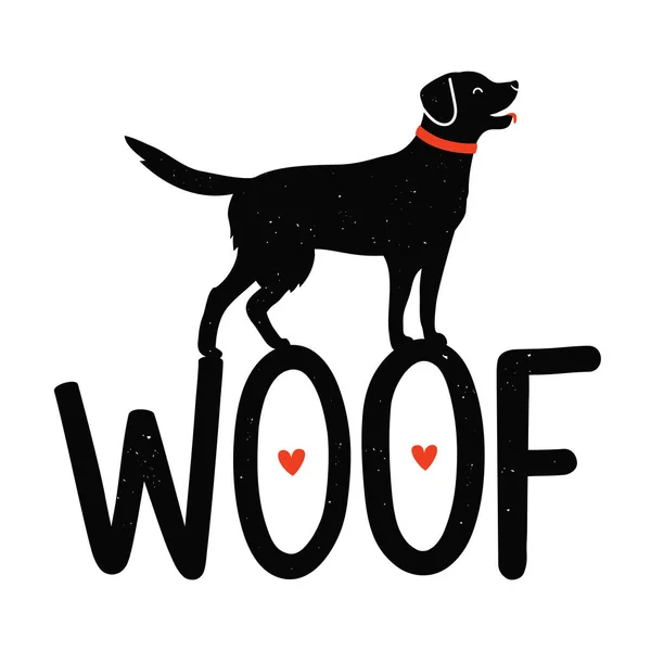 ภาพเวกเตอร์ด้วยสุนัข หัวใจสีแดง และตัวอักษรคําว่า Woof — ภาพเวกเตอร์สต็อก