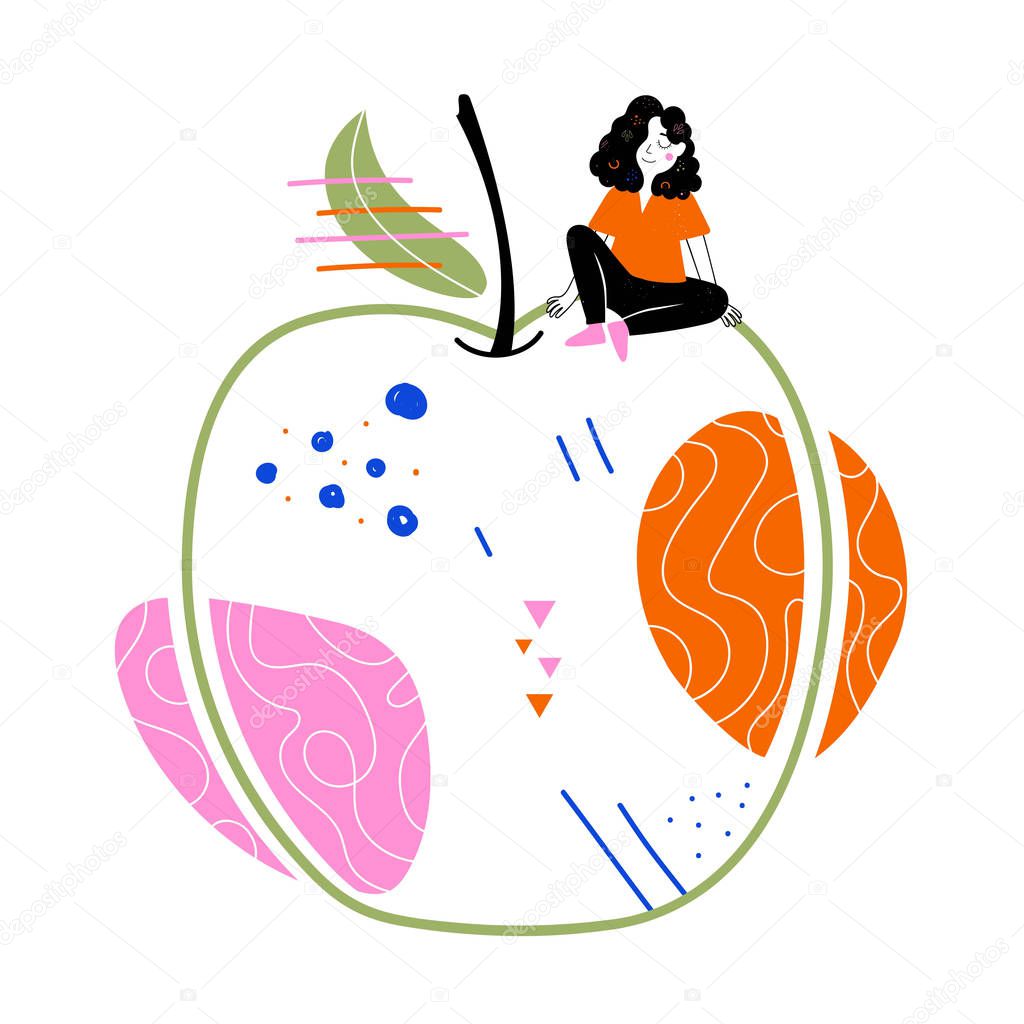 Vector illustration with girl sitting on big abstract apple.