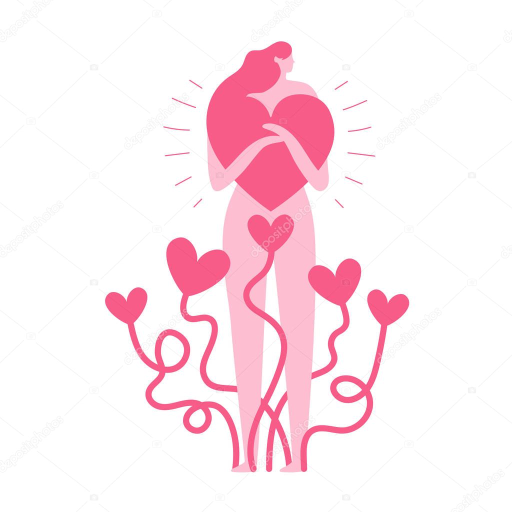 Vector illustration with long pink hair woman and heart shape si