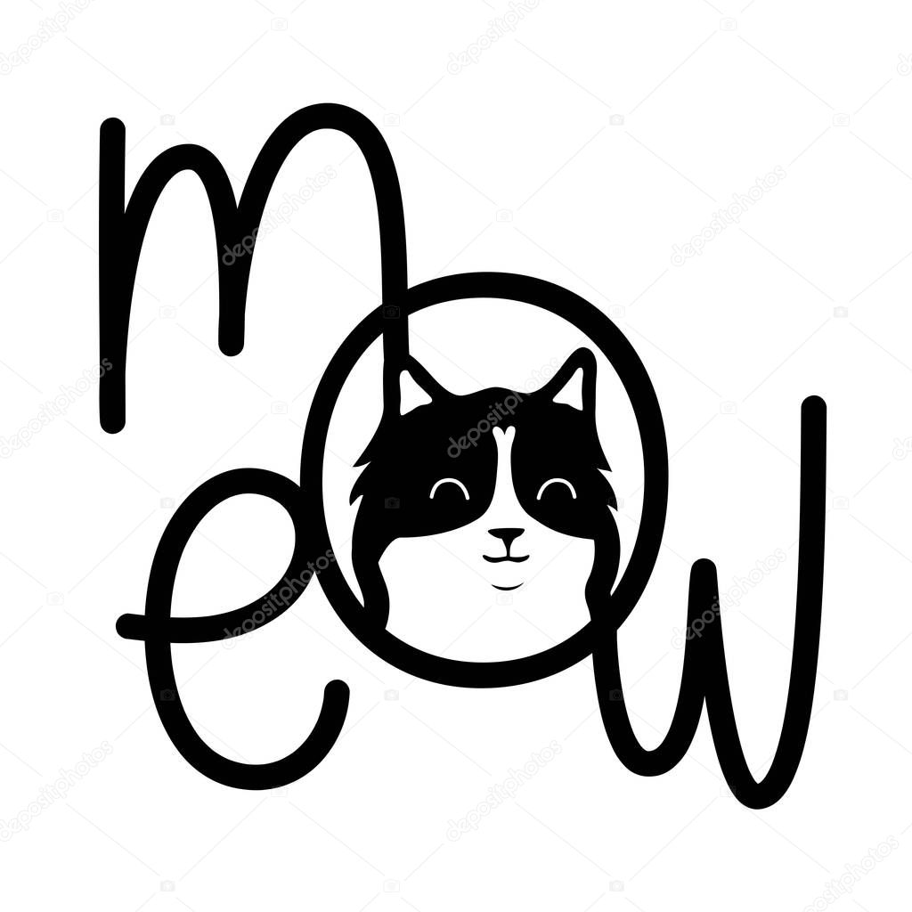 Vector illustration with cat head and lettering word Meow.