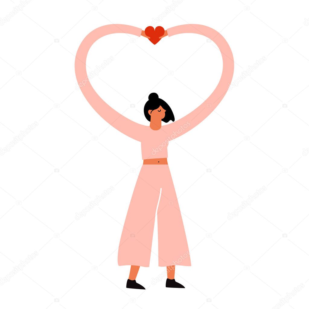 Vector illustration with woman in modern pink costume holding re