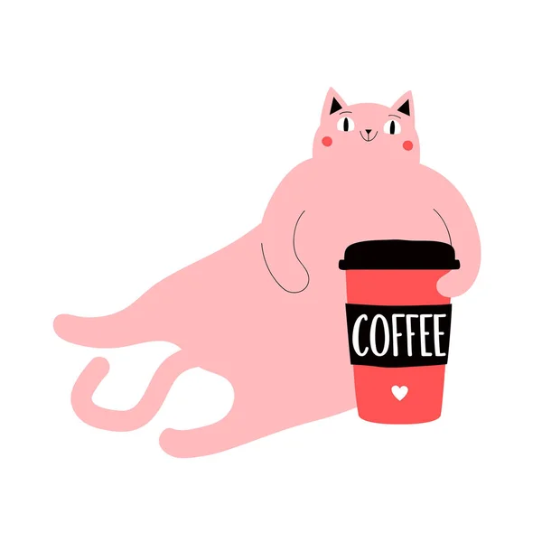 コーヒーとリラックスした幸せな顔のピンクの猫のカップに移動します。カラータイプ — ストックベクタ