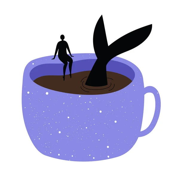 Illustrazione vettoriale con tazza viola di caffè o tè, coda di balena — Vettoriale Stock