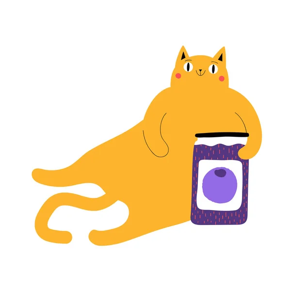 Vector illustration with fat yellow cat, glass jar and blueberry — Stock Vector