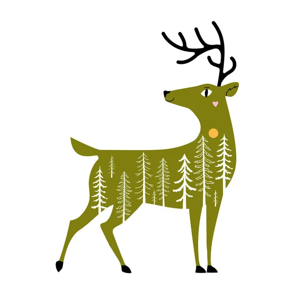 Vector illustration with green cartoon deer and white trees. — Stock Vector