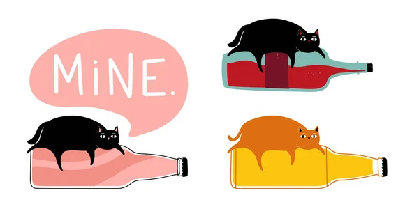 Векторный набор с кошками и бутылками - газировка или лимонад, вино и быть — стоковый вектор