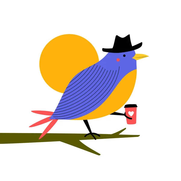 Wektor ilustracja z fioletowy ptak w czarny kapelusz gospodarstwa filiżanka — Wektor stockowy