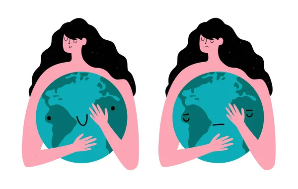 Ilustração vetorial com mulher abraçando planeta terra globo com h — Vetor de Stock