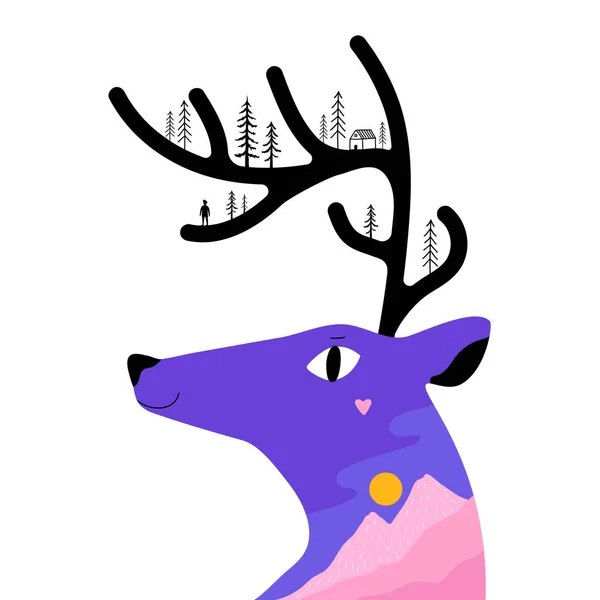 Ilustración vectorial con cabeza de ciervo, paisaje de montaña, tre de pino — Vector de stock