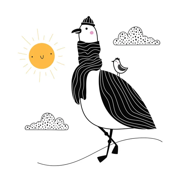 Ilustración vectorial con gaviota caminando en bufanda cálida y winte — Archivo Imágenes Vectoriales