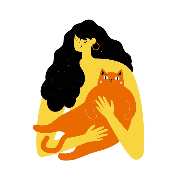 Illustration vectorielle avec femme aux cheveux longs et gros chat roux . — Image vectorielle