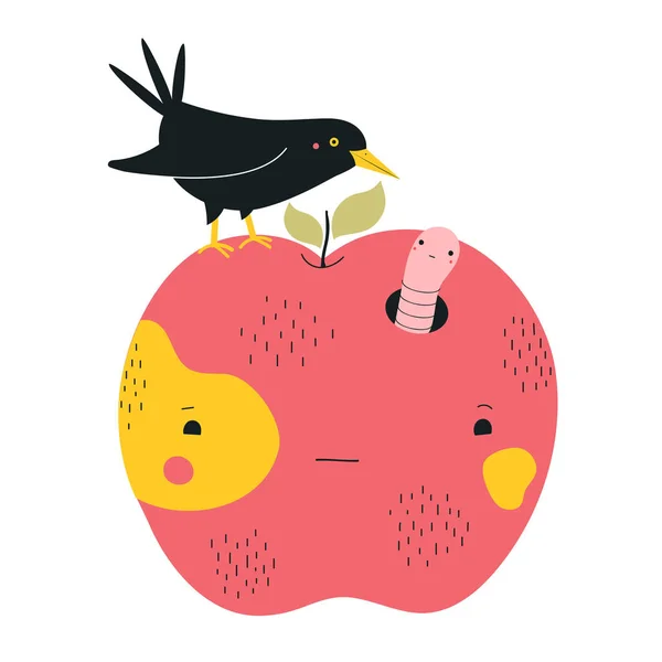 Vector illustration with big red apple, crow bird and worm. — Stock Vector