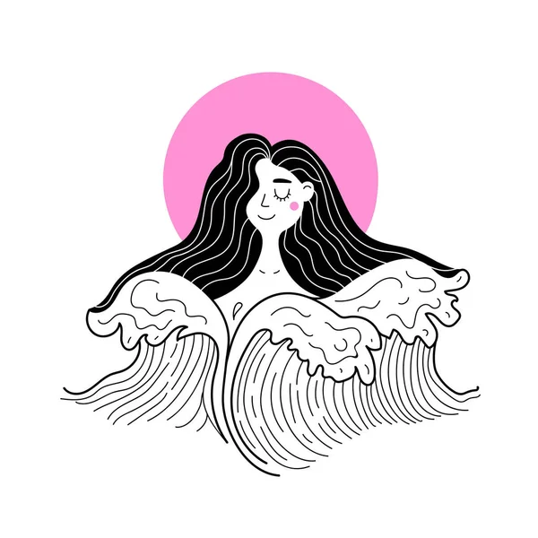 Illustration vectorielle avec jeune femme dans les vagues de l'océan doodle . — Image vectorielle