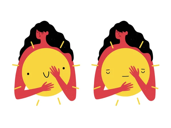 Ilustração vetorial com mulher abraçando o sol amarelo com raios . — Vetor de Stock