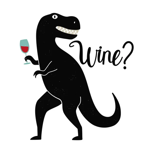 Vector Illustration Dinosaur Holding Wineglass Lettering Word Wine Funny Typography — ストックベクタ