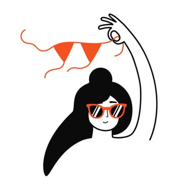 Vector illustration with woman in red suglasses holding bikini bra.