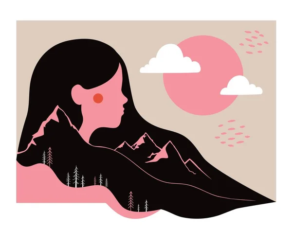 Ilustração moderna vetor abstrato com mulher de cabelo longo. Conceito minimalista, natureza paisagem de montanha, cores pastel . —  Vetores de Stock