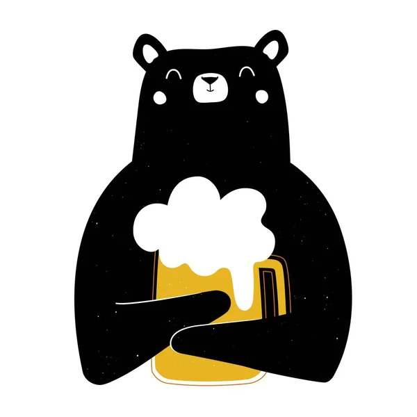 Illustration vectorielle avec ours noir heureux et verre avec bière jaune . — Image vectorielle