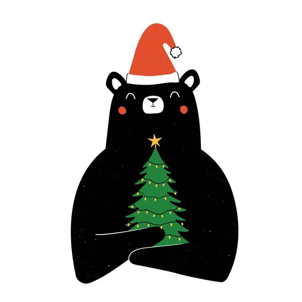 Vector illustration with bear in red hat holding green christmas tree with yellow lights. — 图库矢量图片