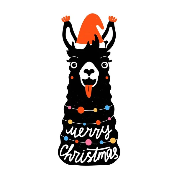 Vector illustration with llama in red hat, colored garland and lettering wish Merry Christmas. — Stok Vektör