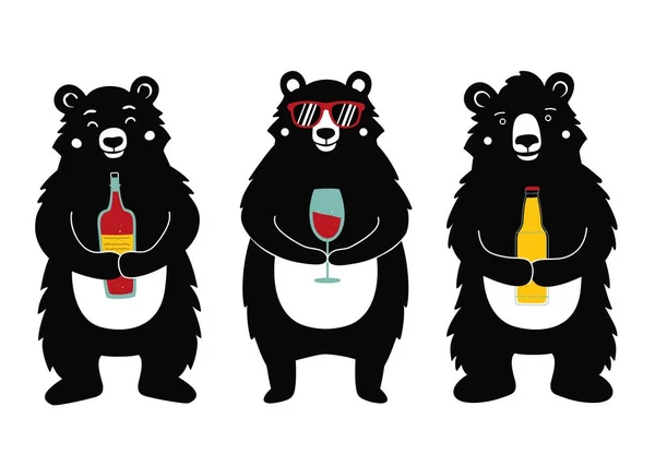 Векторная иллюстрация с медведями, держащими напитки - бутылка вина, бокал красного вина и пиво . — стоковый вектор