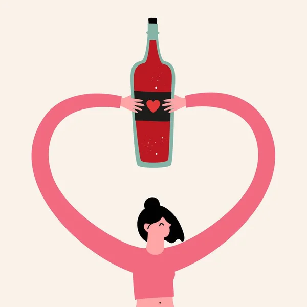 Ilustración vectorial con mujer sostiene botella de vino tinto con corazón pequeño . — Vector de stock