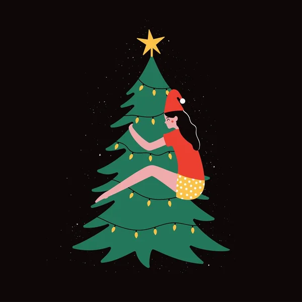 Vector illustration with young woman hugging green christmas pine tree with yellow garland and star. — 图库矢量图片