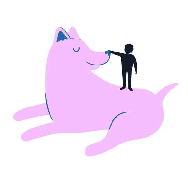Ilustração vetorial com cão rosa grande e silhueta de homem tocando nariz azul . — Vetor de Stock