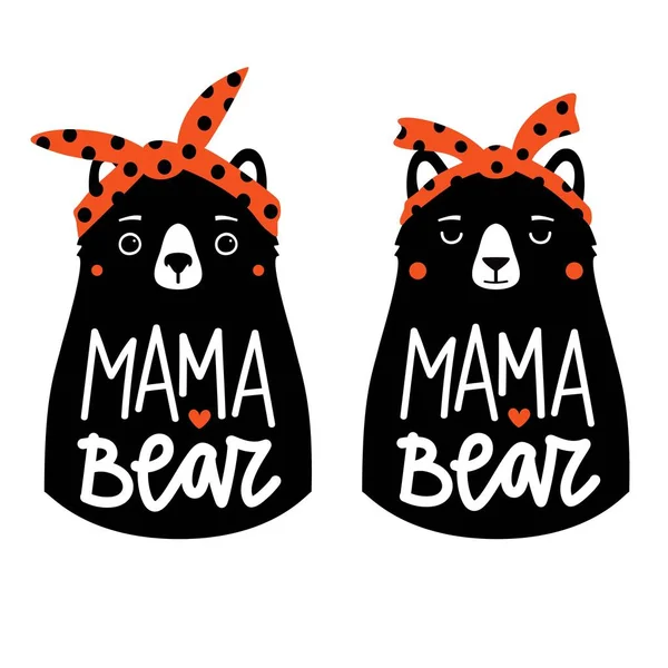 Vector illustration with bears in red headbands and lettering text Mama Bear. Funny typography poster set, apparel print design — Stock vektor