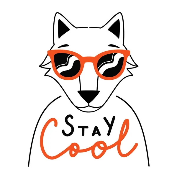 Vektor-Illustration mit Skizze im Doodle-Stil Fuchs in roter Sonnenbrille und Schriftzug Phrase cool bleiben. — Stockvektor