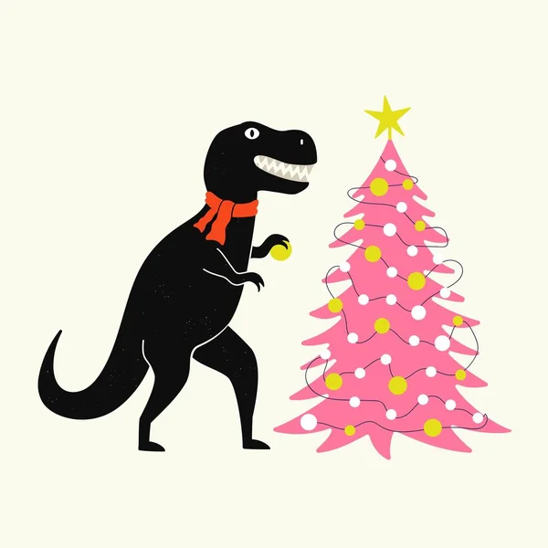 Ilustración vectorial con tiranosaurio negro en pañuelo rojo y pino rosa navidad con guirnalda . — Vector de stock