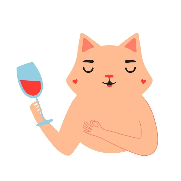 Illustration vectorielle avec chat blanc en chapeau noir tenant verre bleu avec vin rouge . — Image vectorielle